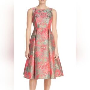 Adrianna Papell Coral and Metallic Gold Brocade Midi Dress